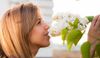 Woman smelling white lilac blossom